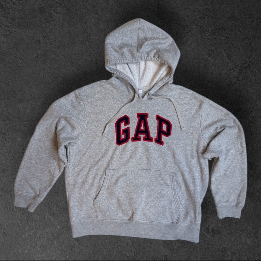 GAP Heather Gray Hoodie with Bold Red Lettering